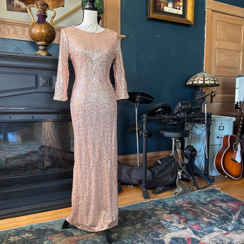 Gold Sequin Embellished Gown with Crew Neck